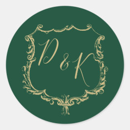 Monogrammed Gold Crest en Forest Green Wedding Ronde Sticker