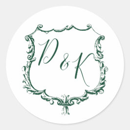 Monogrammed Gold Crest en Forest Green Wedding Ronde Sticker