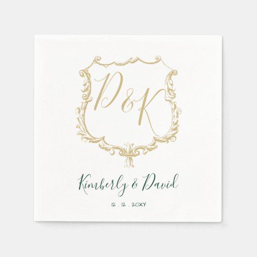 Monogrammed Gold Crest en Forest Green Wedding Servet (Voorkant)