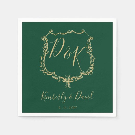 Monogrammed Gold Crest en Forest Green Wedding Servet (Voorkant)