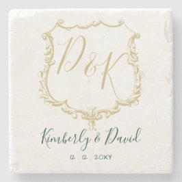 Monogrammed Gold Crest en Forest Green Wedding Stenen Onderzetter