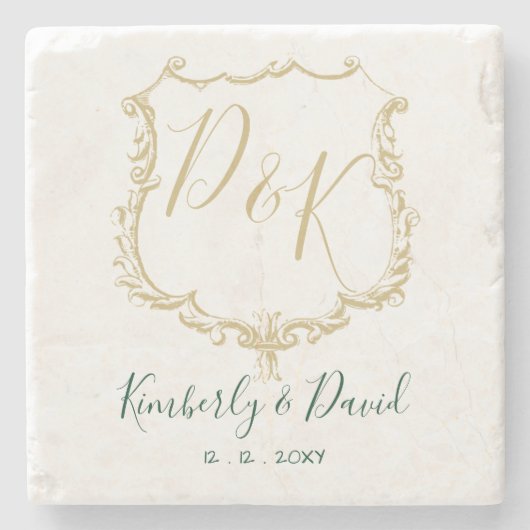 Monogrammed Gold Crest en Forest Green Wedding Stenen Onderzetter (Voorkant)