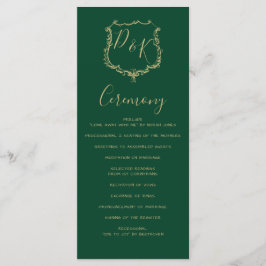 Monogrammed Gold Crest en Groene Bruiloft programm Programmakaart