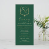 Monogrammed Gold Crest en Groene Bruiloft programm Programmakaart (Staand voorkant)