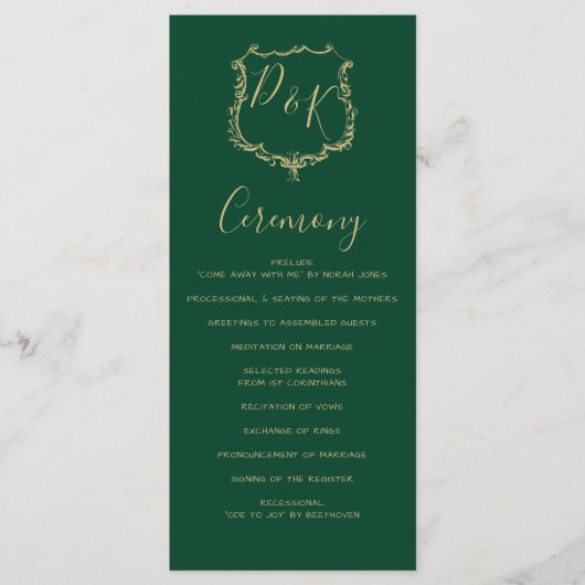 Monogrammed Gold Crest en Groene Bruiloft programm Programmakaart (Voorkant)