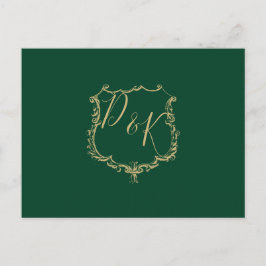 Monogrammed Gold Crest Groene Bruiloft RSVP Briefk Uitnodiging Briefkaart