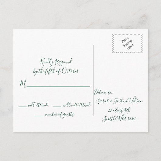 Monogrammed Gold Crest Groene Bruiloft RSVP Briefk Uitnodiging Briefkaart (Achterkant)