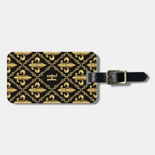 Monogrammed Gold Fleur-de-Lis Pattern Bagagelabel (Voorkant horizontaal)