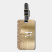Monogrammed Gold Glitter Drip Brushed Metal Bagagelabel (Voorkant verticaal)