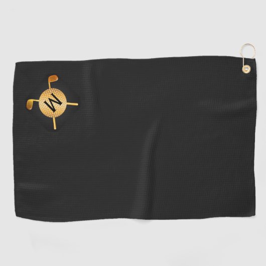 Monogrammed Gold Golf Ball and Clubs Golfhanddoek (Horizontaal)