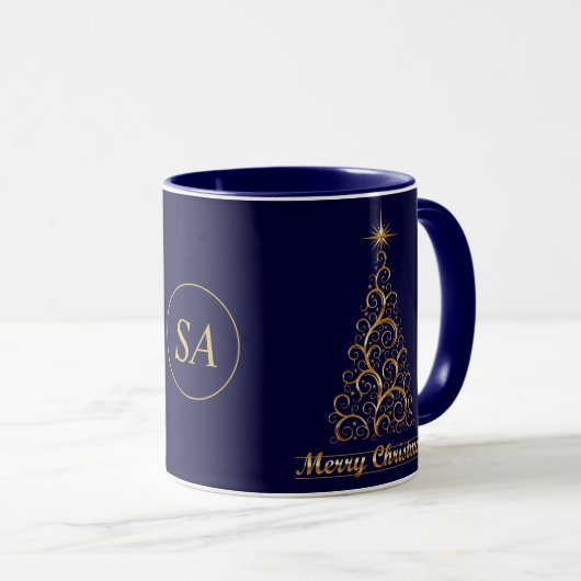 Monogrammed Gold Merry Christmas Tree Star Holiday Mok (Voorkant rechts)