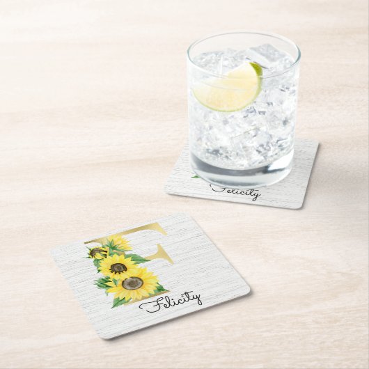 Monogrammed Gold Sunflower Floral Initiaal F Kartonnen Onderzetters (Insitu)