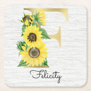 Monogrammed Gold Sunflower Floral Initiaal F Kartonnen Onderzetters