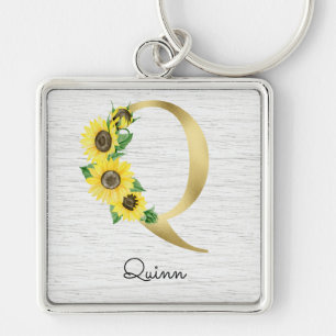 Monogrammed Gold Sunflower Floral Initiaal Q Sleutelhanger