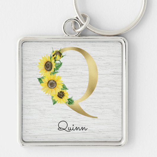 Monogrammed Gold Sunflower Floral Initiaal Q Sleutelhanger (Voorkant)