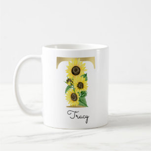 Monogrammed Gold Sunflower Floral Initiaal T Koffiemok