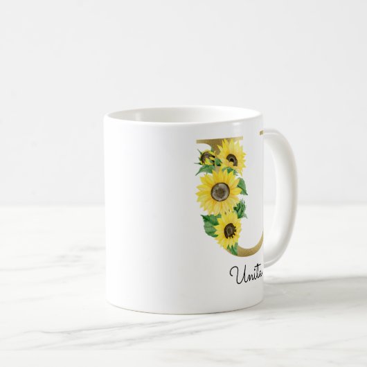 Monogrammed Gold Sunflower Floral Initiaal U Koffiemok (Voorkant rechts)