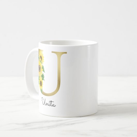 Monogrammed Gold Sunflower Floral Initiaal U Koffiemok (Voorkant links)