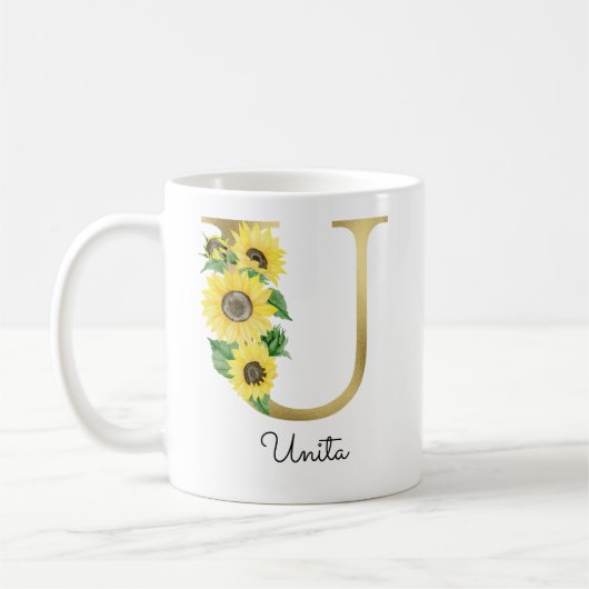 Monogrammed Gold Sunflower Floral Initiaal U Koffiemok (Links)
