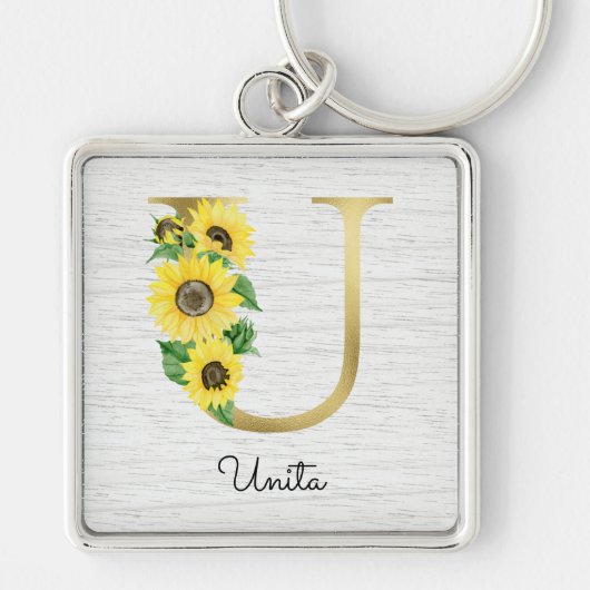 Monogrammed Gold Sunflower Floral Initiaal U Sleutelhanger (Voorkant)