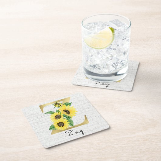Monogrammed Gold Sunflower Floral Initiaal Z Kartonnen Onderzetters (Insitu)