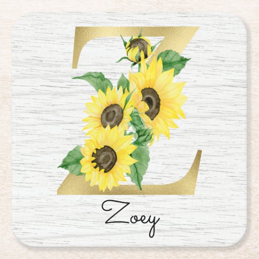 Monogrammed Gold Sunflower Floral Initiaal Z Kartonnen Onderzetters (Voorkant)