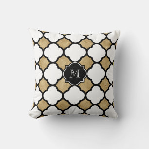 Monogrammed Gold White Black Geometric Quatrefoil Kussen