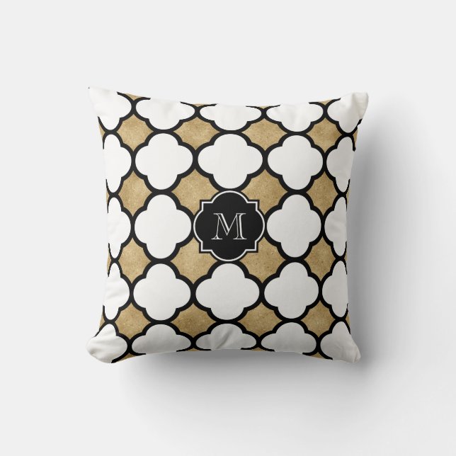 Monogrammed Gold White Black Geometric Quatrefoil Kussen (Voorkant)