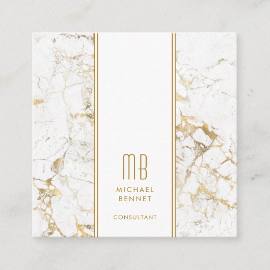Monogrammed Gold White Marble Consultant Vierkante Visitekaartje (Voorkant)