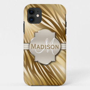 Monogrammed Gold Zebra Print Pattern iPhone 11 Hoesje
