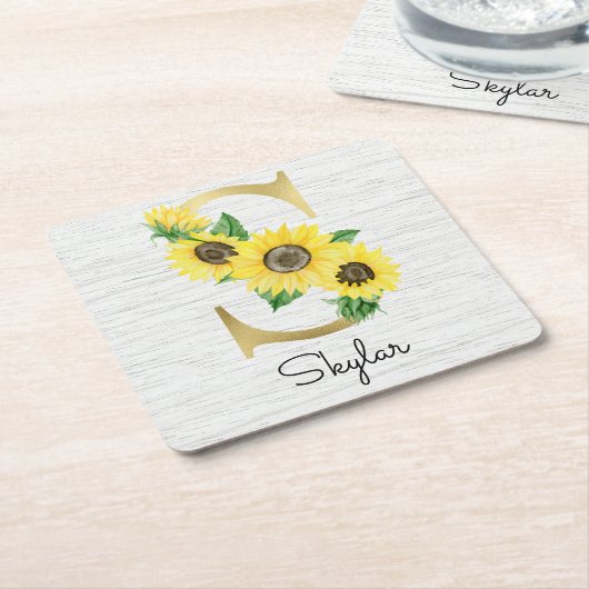 Monogrammed Gold Zonnebloem Bloemen Initiaal S Kartonnen Onderzetters (Schuin)