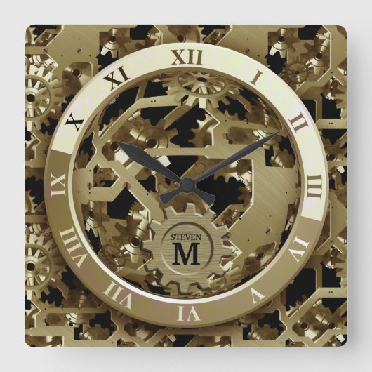 Monogrammed Golden Clock Gears Roman Numerals Vierkante Klok (Voorkant)