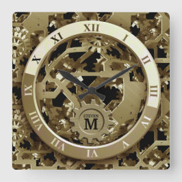 Monogrammed Golden Clock Gears Roman Numerals Vierkante Klok
