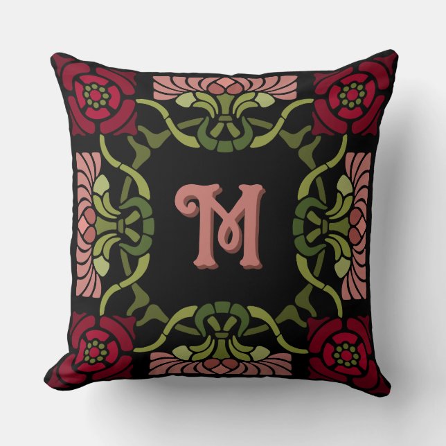 Monogrammed Gothic Art Nouveau Roos en Dahlia Reds Kussen (Voorkant)