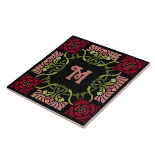 Monogrammed Gothic Art Nouveau Roos en Dahlia Reds Tegeltje