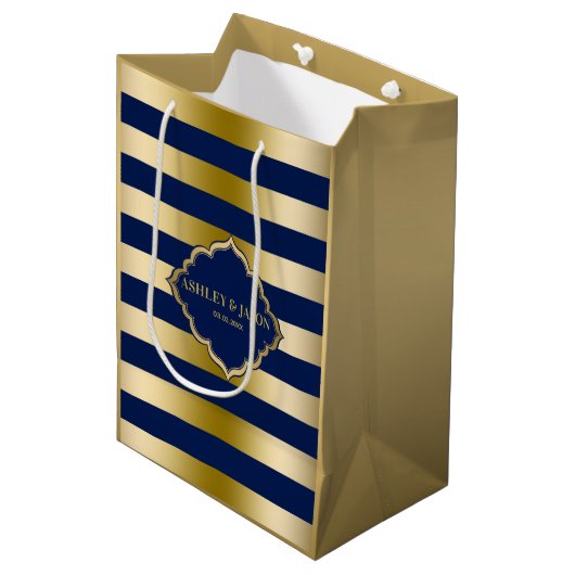 Monogrammed Goud & Blauw Streepjespatroon Medium Cadeauzakje (Voorkant Gekanteld)