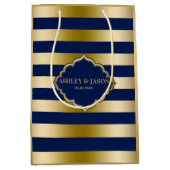 Monogrammed Goud & Blauw Streepjespatroon Medium Cadeauzakje (Voorkant)