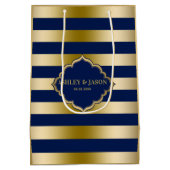 Monogrammed Goud & Blauw Streepjespatroon Medium Cadeauzakje (Achterkant)