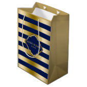 Monogrammed Goud & Blauw Streepjespatroon Medium Cadeauzakje (Achterkant Gekanteld)