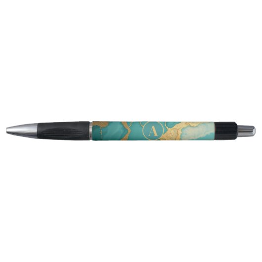 Monogrammed Goud & Blauwgroen Luxe Marmer Pen (Voorkant)