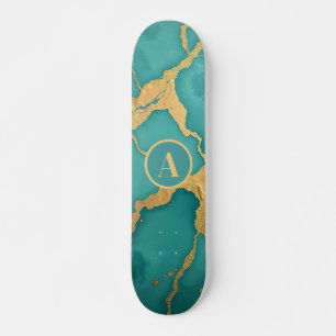 Monogrammed Goud & Blauwgroen Luxe Marmer Persoonlijk Skateboard