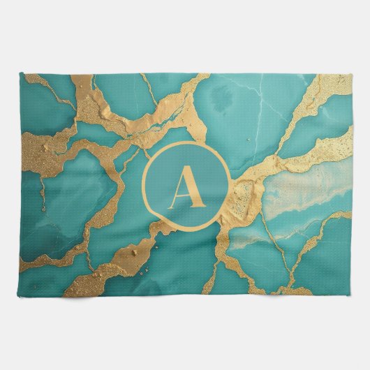 Monogrammed Goud & Blauwgroen Luxe Marmer Theedoek (Horizontaal)