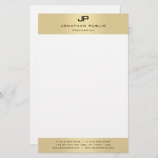 Monogrammed Goud Wit Moderne Elegante Sjabloon Briefpapier (Voorkant / Achterkant)