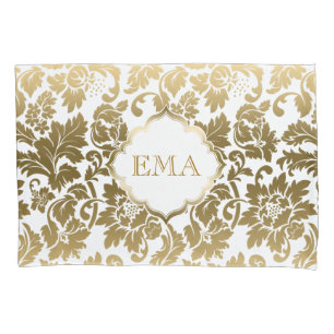 Monogrammed Gouden Bloemen Damast Kussensloop