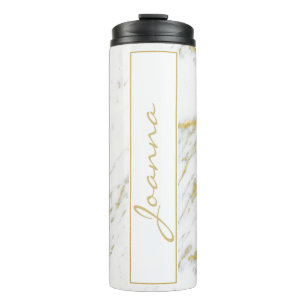 Monogrammed gouden glitter op wit marmer thermosbeker