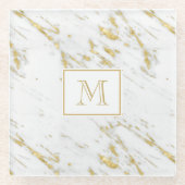 Monogrammed gouden glitter over wit marmer glazen onderzetter (Voorkant)