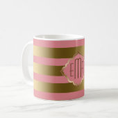 Monogrammed Gouden Strepen & Roze Geometrisch Patr Koffiemok (Voorkant links)