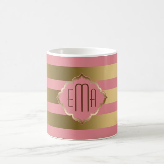 Monogrammed Gouden Strepen & Roze Geometrisch Patr Koffiemok (Center)