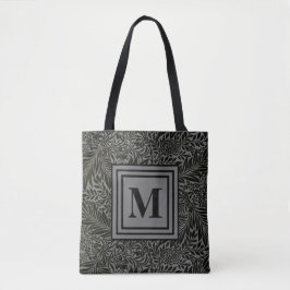 Monogrammed Gray and Black William Morris Foliage Tote Bag