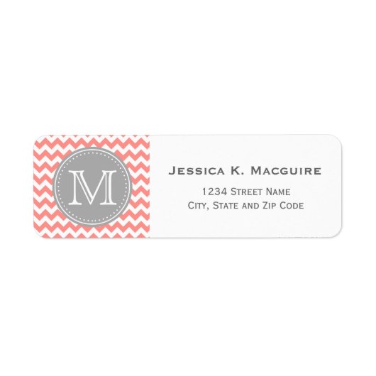 Monogrammed Gray and Coral Pink Chevron Etiket (Voorkant)